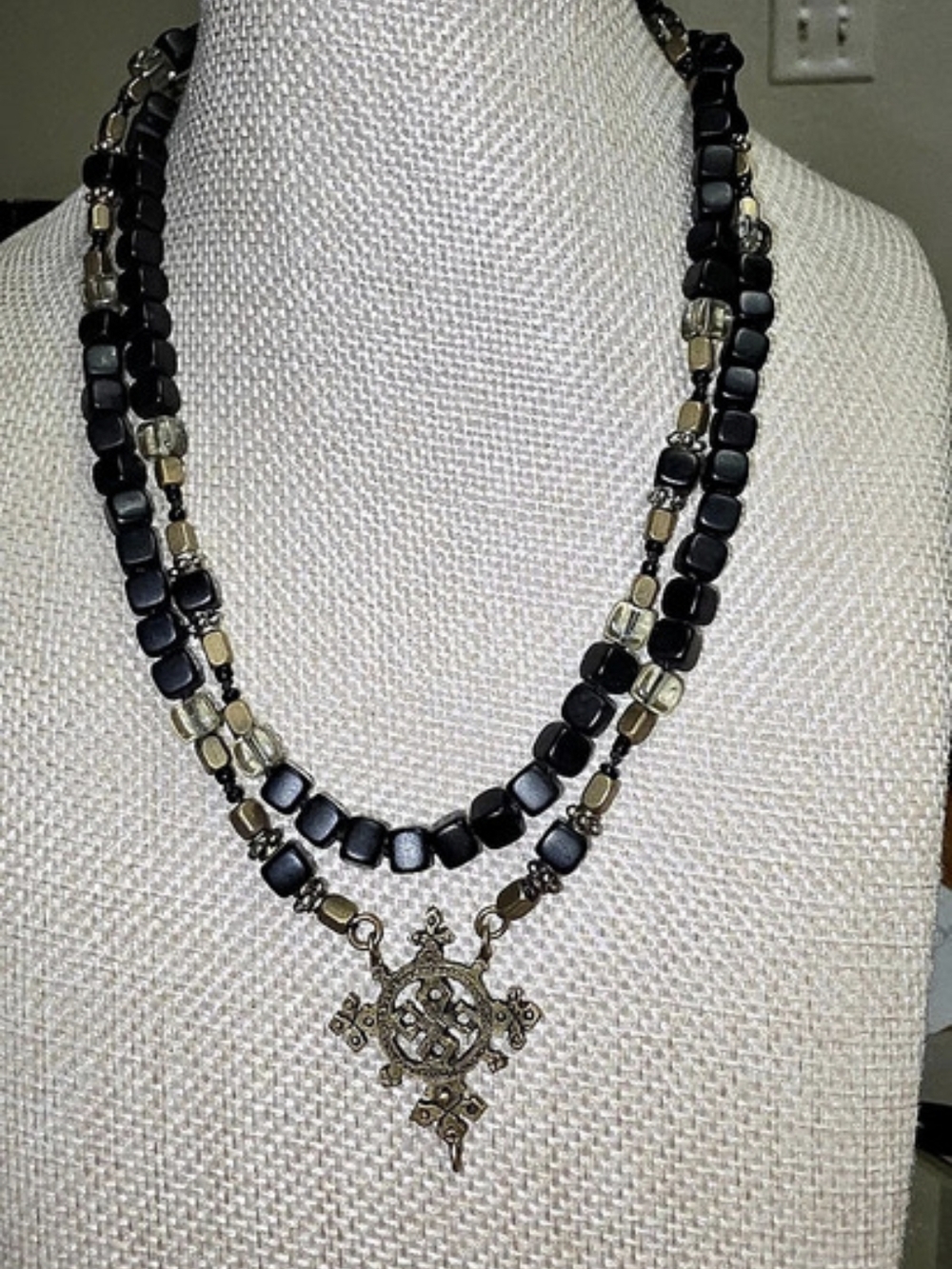 Ethiopian Copic Cross Brass Glass and Black Ebony Cube Beaded Necklace